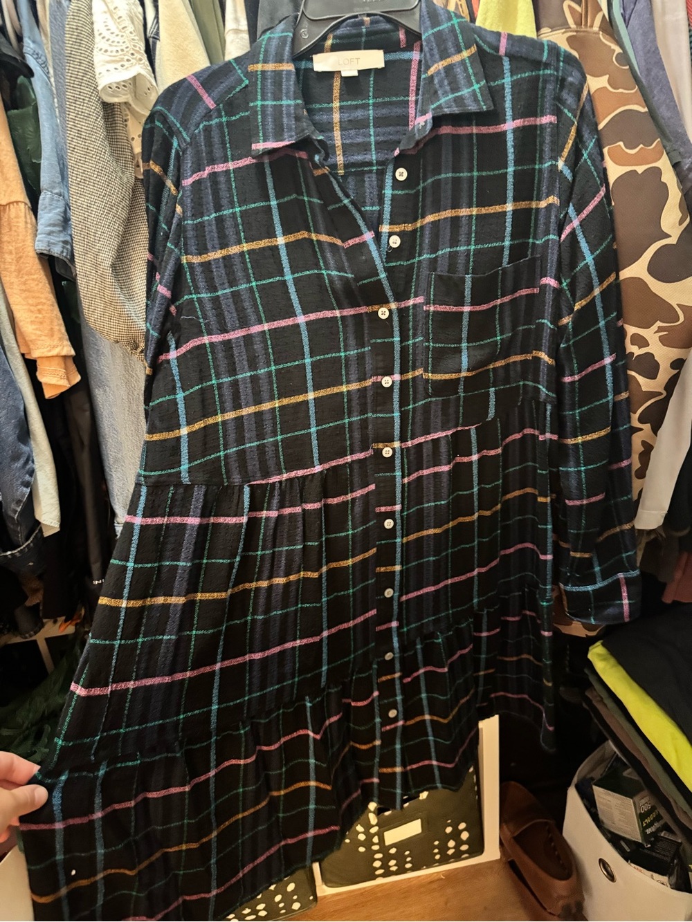 LOFT Black Plaid Button-Front Shirt Dress with Multicolor Stripes